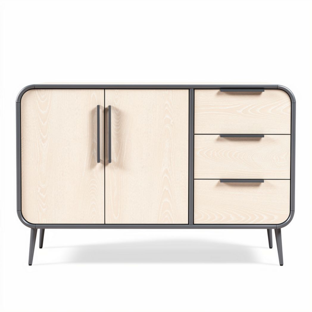 Dressoir van licht hout met metaalframe en drie lades 150 x 45 x 75cm