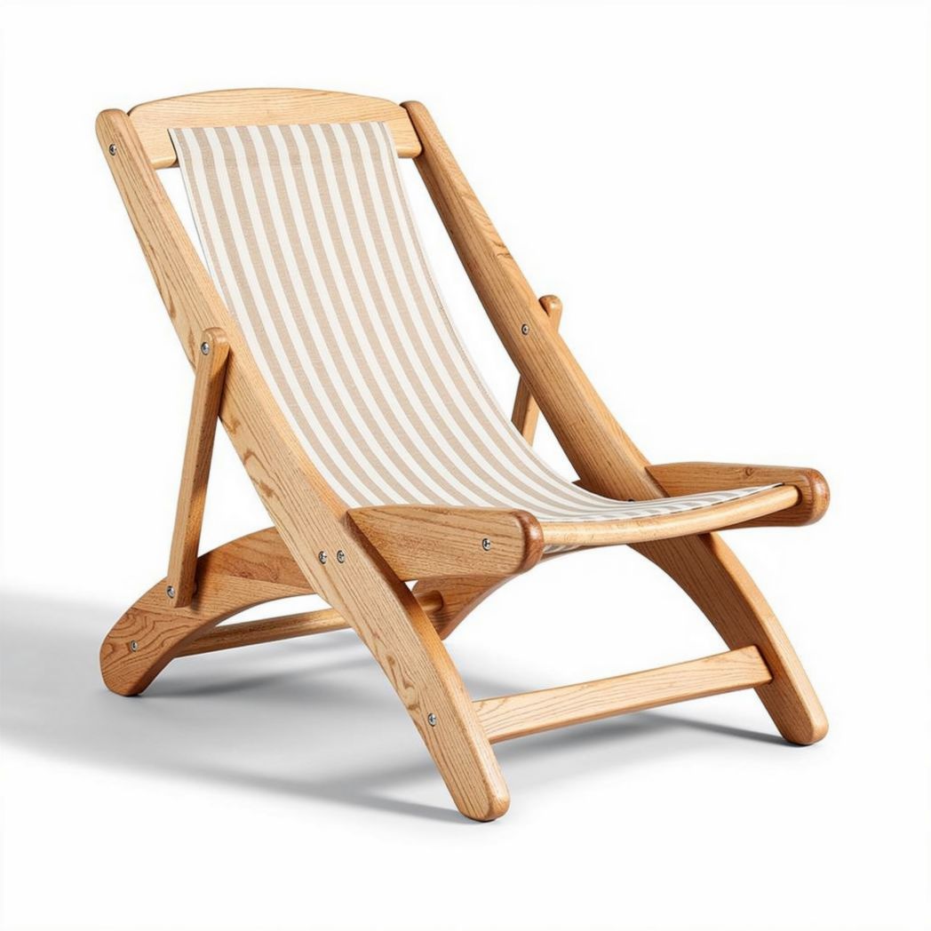Houten ligstoel met gestreepte stof 80 x 60 x 100cm voor buitengebruik