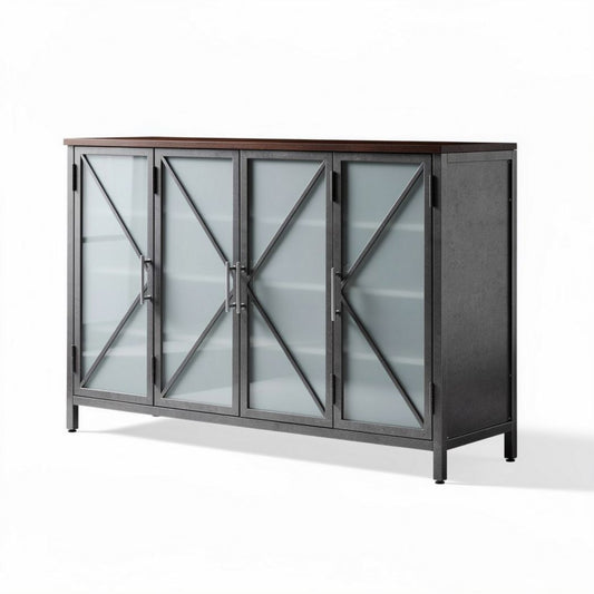 Glazen vitrinekast van metaal en hout 150 x 40 x 85cm met vier deuren