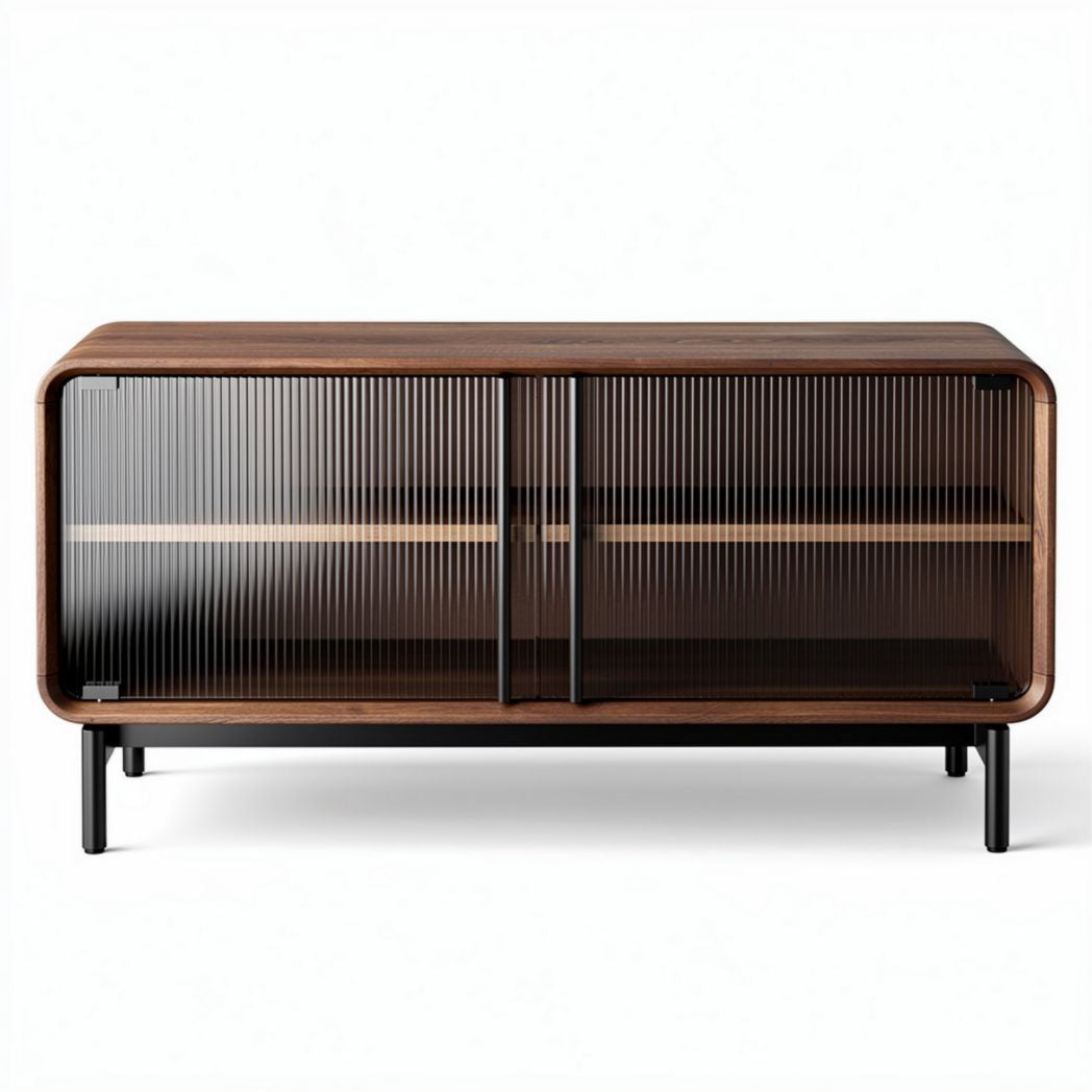 Lage houten tv-kast met glazen deuren en zwarte metalen poten 90 x 40 x 50cm