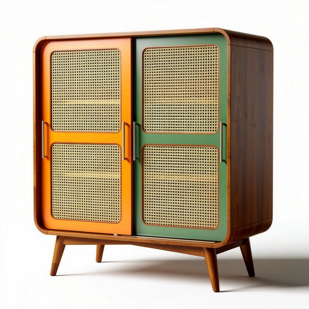 Houten kast met gevlochten deurtjes in oranje en groen 100 x 50 x 120cm
