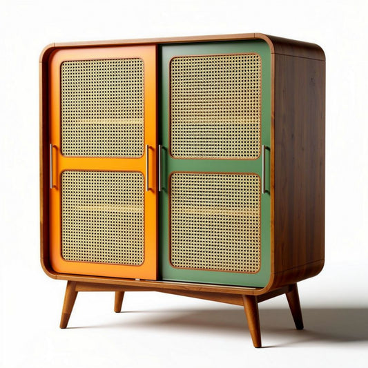 Houten kast met gevlochten deurtjes in oranje en groen 100 x 50 x 120cm