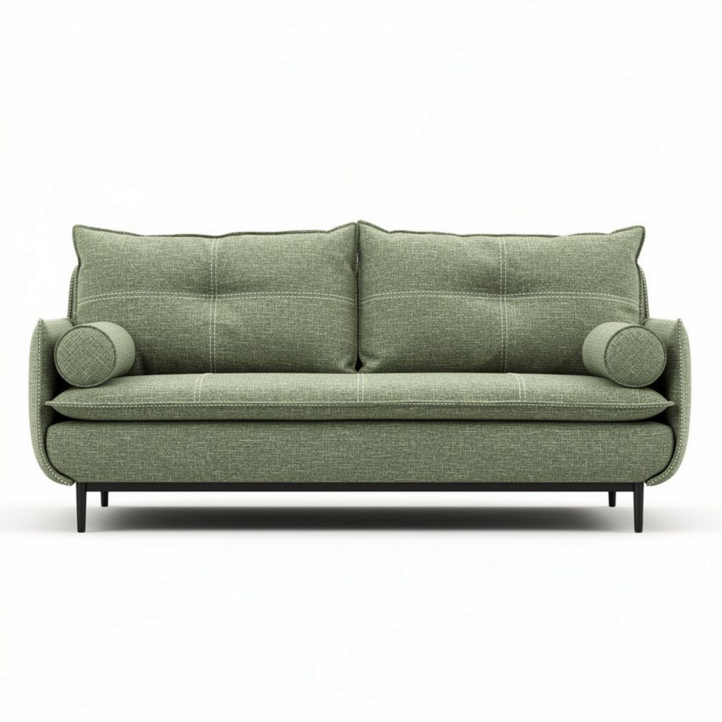 Groene stoffen bank met kussens en metalen poten afmeting 200 x 90 x 85cm