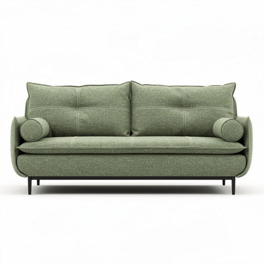 Groene stoffen bank met kussens en metalen poten afmeting 200 x 90 x 85cm