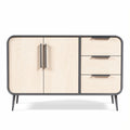 Dressoir van licht hout met metaalframe en drie lades 150 x 45 x 75cm