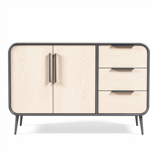 Dressoir van licht hout met metaalframe en drie lades 150 x 45 x 75cm