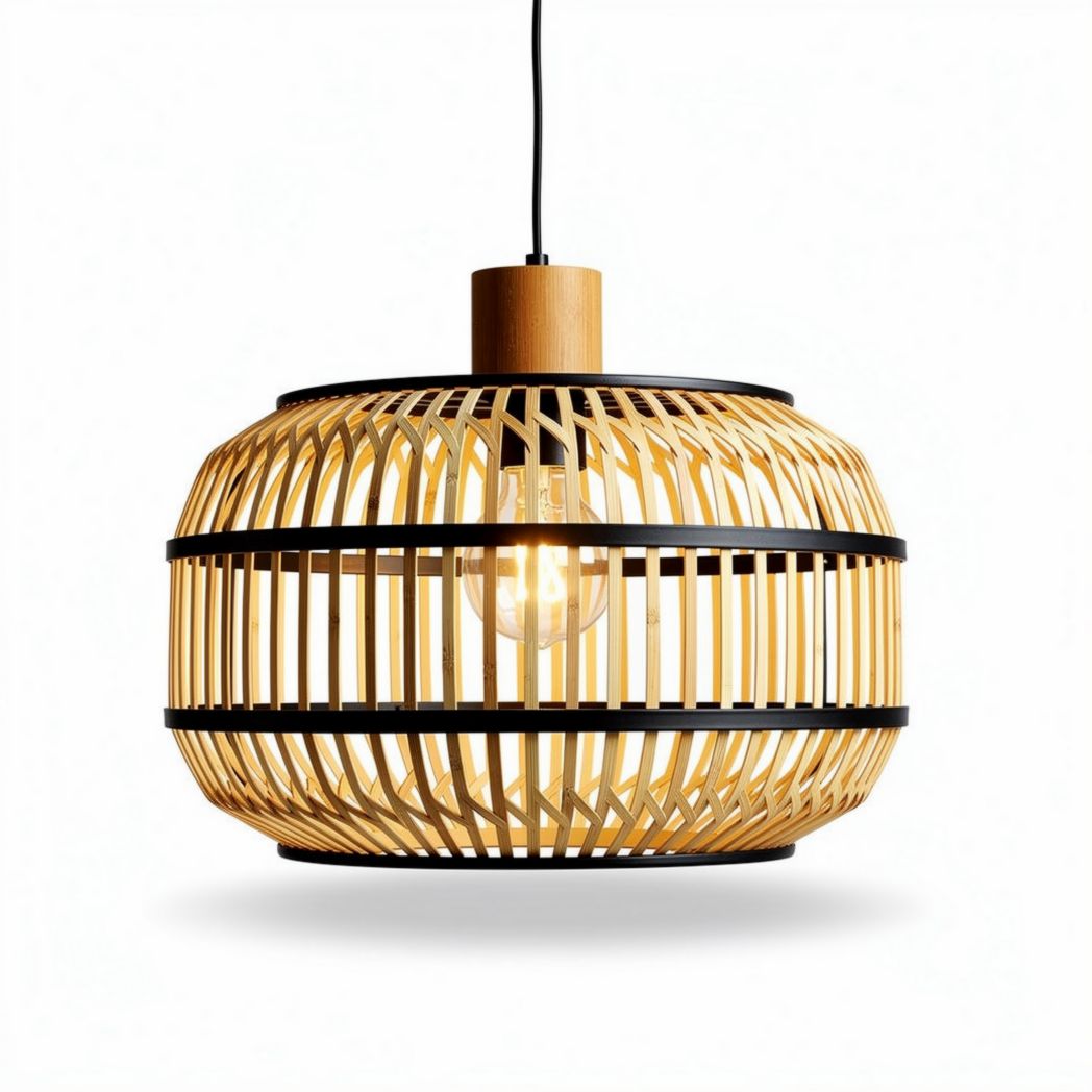 Houten hanglamp met bamboe en metalen details 30 x 30 x 20cm