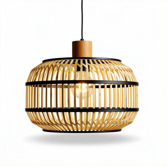 Houten hanglamp met bamboe en metalen details 30 x 30 x 20cm