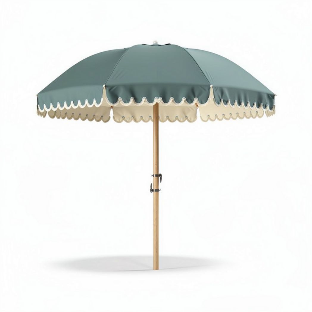 Parasol van 250 cm in groen met houten voet en kleuraccenten in crème