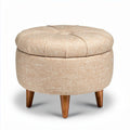 Stof bekleed voetenbankje met houten poten in beige 45 x 45 x 30cm