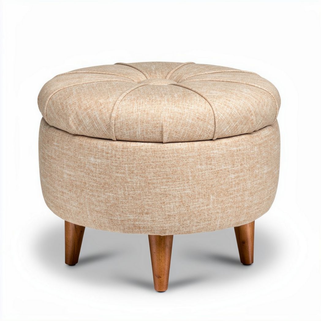 Stof bekleed voetenbankje met houten poten in beige 45 x 45 x 30cm