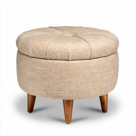 Stof bekleed voetenbankje met houten poten in beige 45 x 45 x 30cm